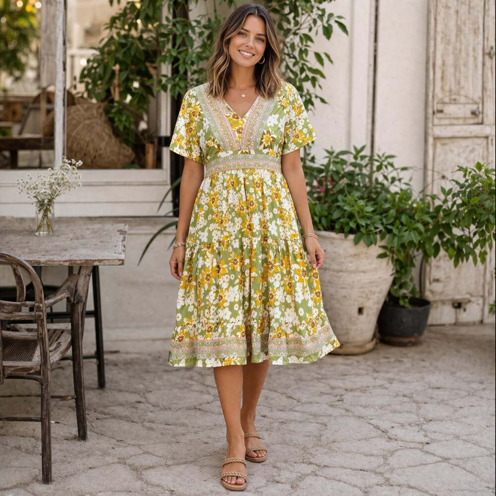 Polagram Boho Floral Mini Dress Sage Green Yellow V-Neck Tiered Small